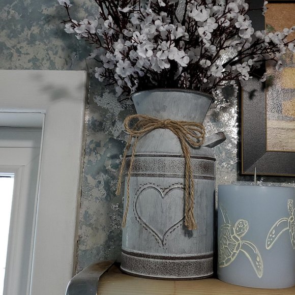 Decorative Metal Vase Farmhouse Decor Rustic Cottage Mantel Table Decoration Can - Picture 9 of 10